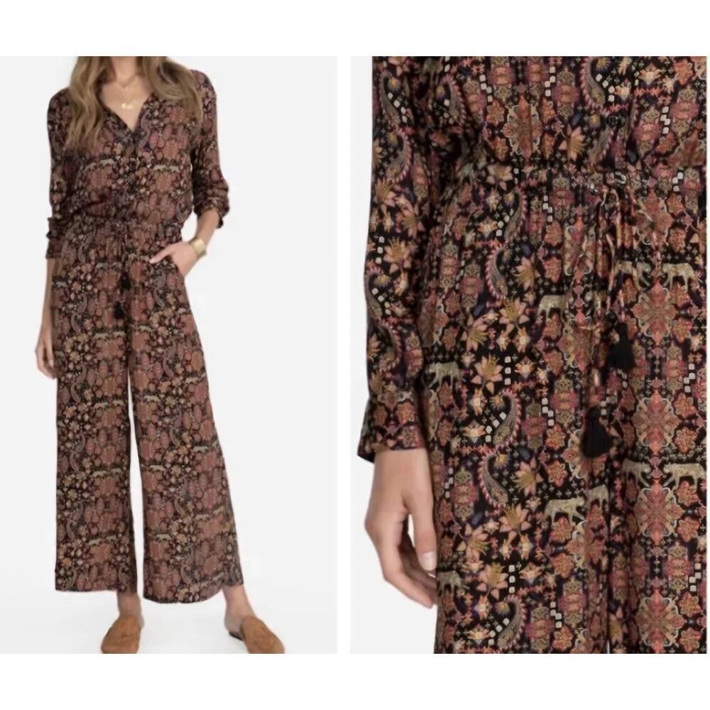 Johnny Was Jumpsuit Violette Floral V-Neck Wide Leg Cropped Jumper Boho sz XS